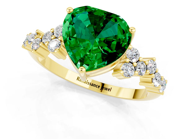 Yellow gold Heart Cut Emerald Scattered Round Accent Ring with Prong Setting