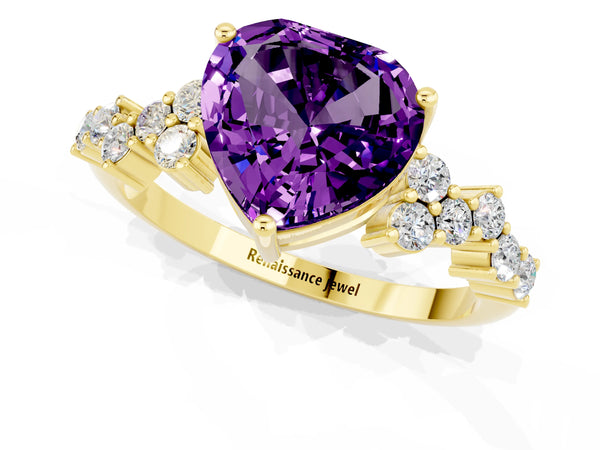 Yellow gold Heart Cut Amethyst Scattered Round Accent Ring with Prong Setting