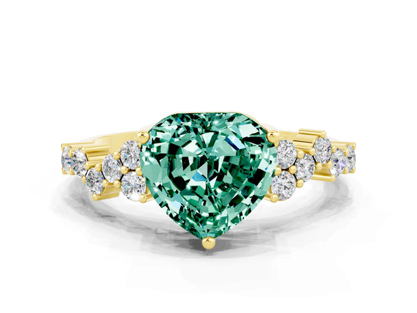 Yellow gold Heart Cut Green Sapphire Scattered Round Accent Ring with Prong Setting