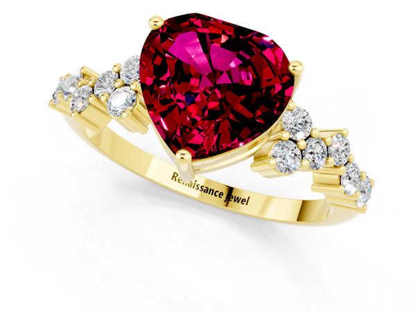 Yellow gold Heart Cut Garnet Scattered Round Accent Ring with Prong Setting