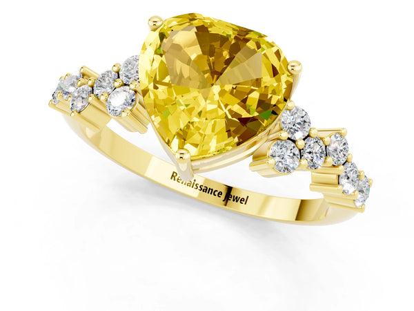 Yellow gold Heart Cut Yellow Sapphire Scattered Round Accent Ring with Prong Setting