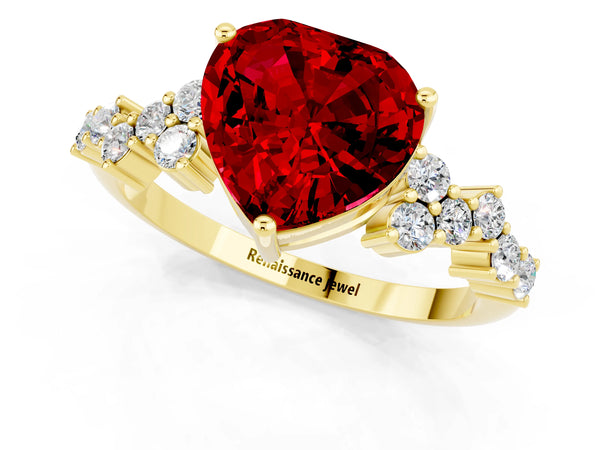 Yellow gold Heart Cut Ruby Scattered Round Accent Ring with Prong Setting
