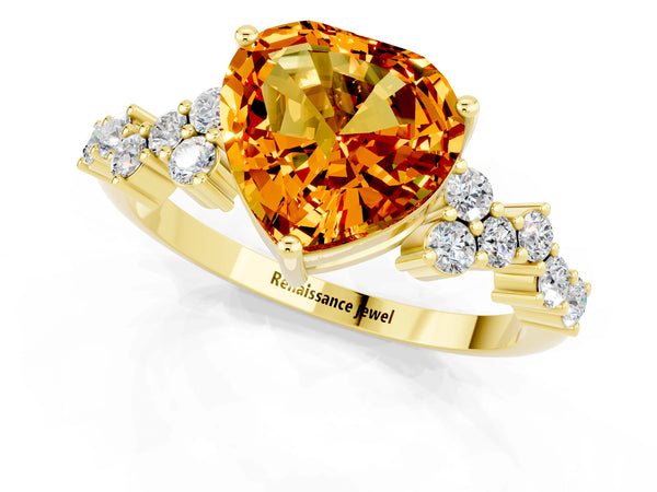 Yellow gold Heart Cut Citrine Scattered Round Accent Ring with Prong Setting