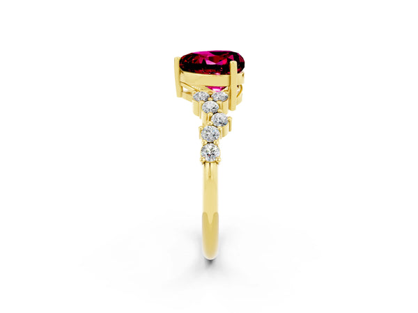 Yellow gold Heart Cut Garnet Scattered Round Accent Ring with Prong Setting