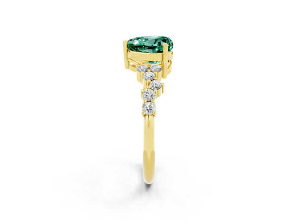 Yellow gold Heart Cut Green Sapphire Scattered Round Accent Ring with Prong Setting