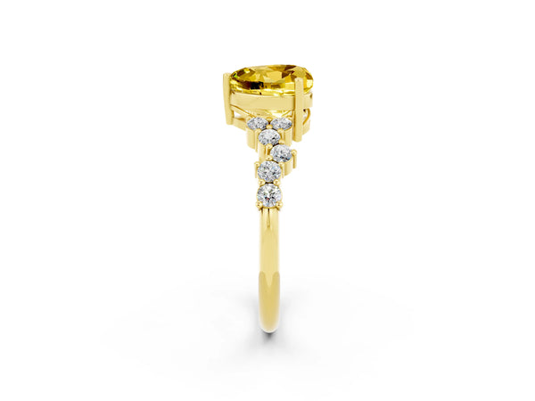Yellow gold Heart Cut Yellow Sapphire Scattered Round Accent Ring with Prong Setting