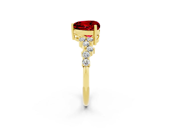 Yellow gold Heart Cut Ruby Scattered Round Accent Ring with Prong Setting