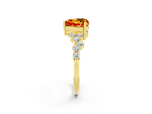 Yellow gold Heart Cut Citrine Scattered Round Accent Ring with Prong Setting