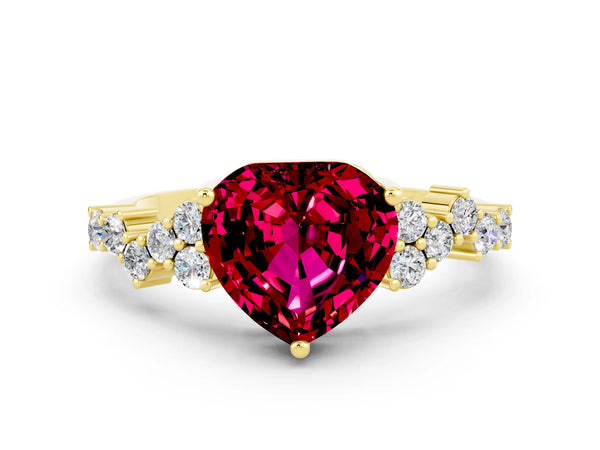 Yellow gold Heart Cut Garnet Scattered Round Accent Ring with Prong Setting