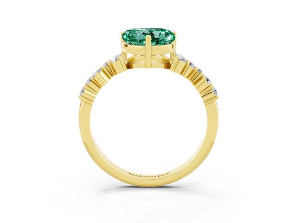 Yellow gold Heart Cut Green Sapphire Scattered Round Accent Ring with Prong Setting