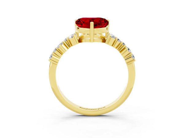 Yellow gold Heart Cut Ruby Scattered Round Accent Ring with Prong Setting