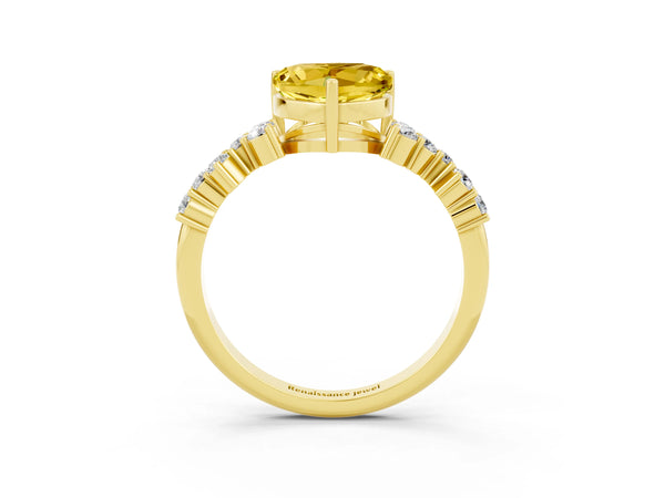 Yellow gold Heart Cut Yellow Sapphire Scattered Round Accent Ring with Prong Setting
