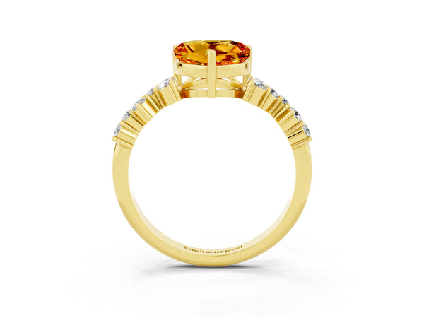 Yellow gold Heart Cut Citrine Scattered Round Accent Ring with Prong Setting