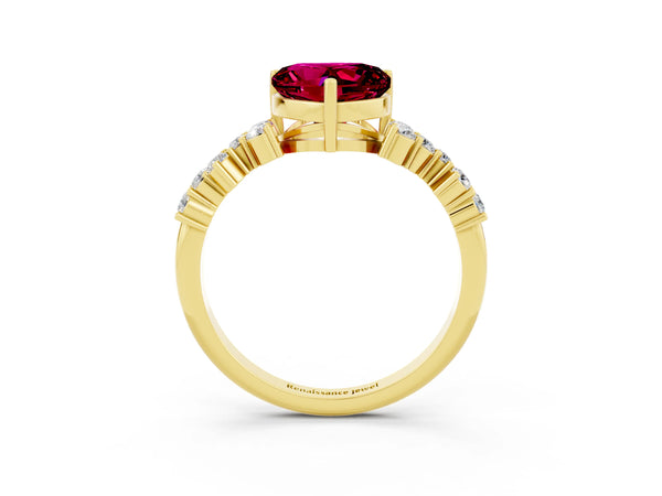 Yellow gold Heart Cut Garnet Scattered Round Accent Ring with Prong Setting