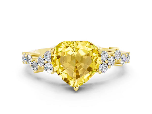 Yellow gold Heart Cut Yellow Sapphire Scattered Round Accent Ring with Prong Setting