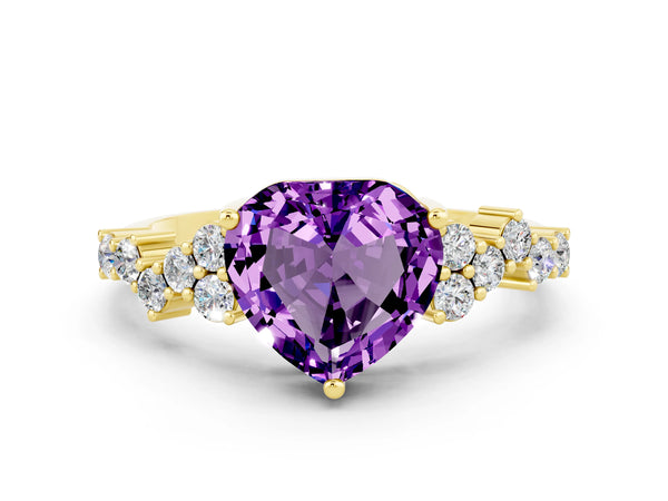 Yellow gold Heart Cut Amethyst Scattered Round Accent Ring with Prong Setting