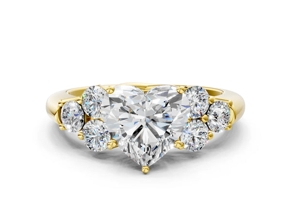 Yellow gold Heart Cut Diamond Cluster Ring with Round Accent Stones and Prong Setting on a Classic Band