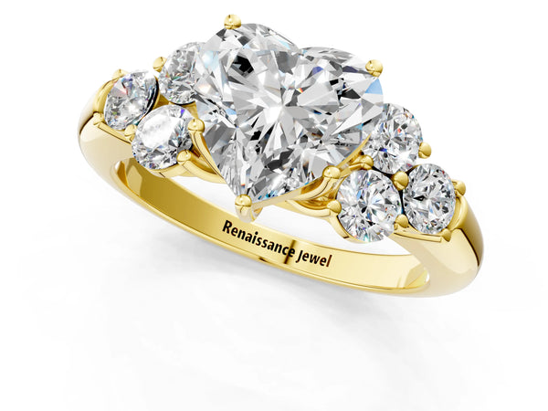 Yellow gold Heart Cut Diamond Cluster Ring with Round Accent Stones and Prong Setting on a Classic Band