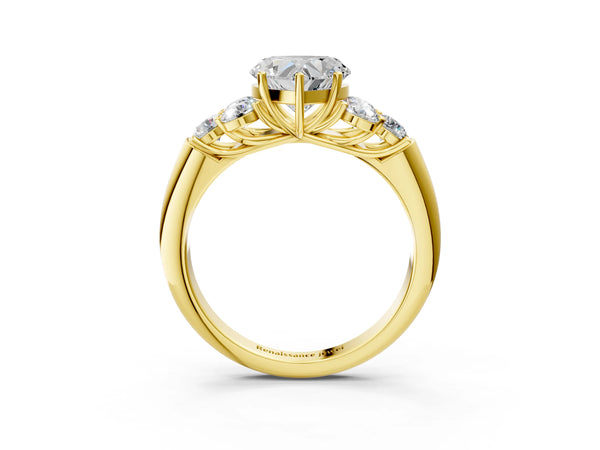 Yellow gold Heart Cut Diamond Cluster Ring with Round Accent Stones and Prong Setting on a Classic Band