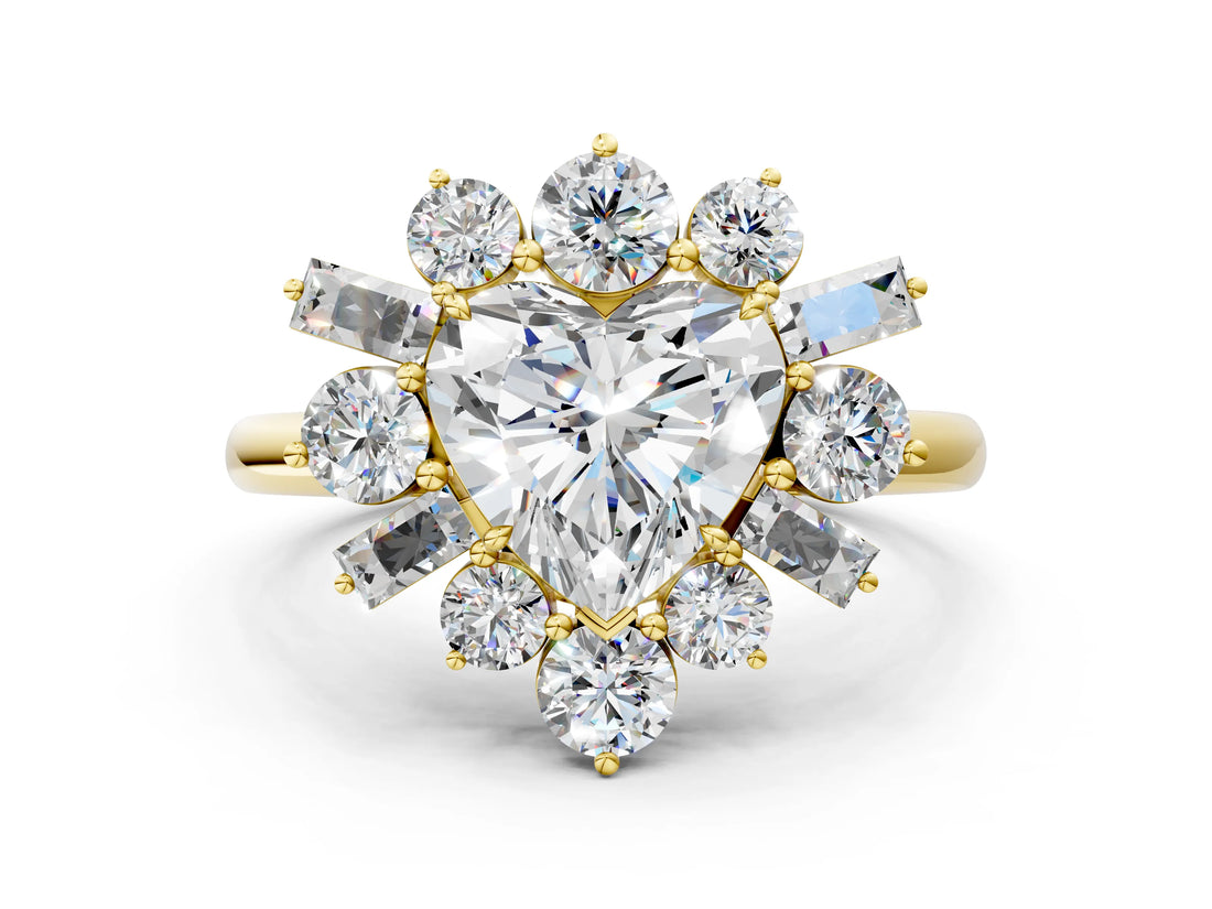 Yellow gold Heart Cut Diamond Cluster Ring with Round and Baguette Stones, Split Shank Band, Prong Setting_3