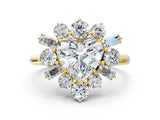 Yellow gold Heart Cut Diamond Cluster Ring with Round and Baguette Stones, Split Shank Band, Prong Setting_3