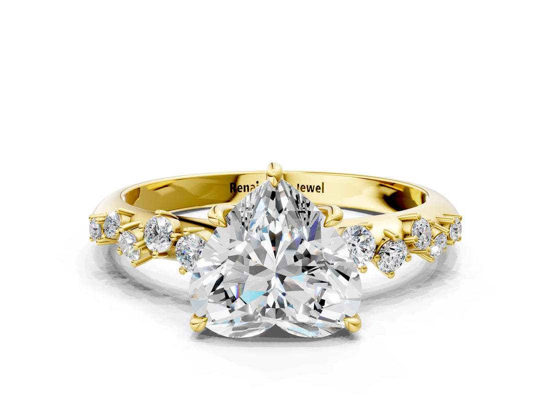 Yellow gold Heart Cut Diamond Cluster Side Stone Solitaire Ring with Prong Setting_73
