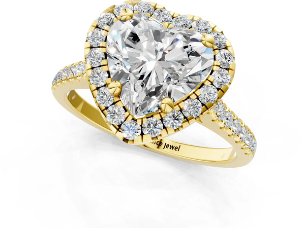 Yellow gold Heart Cut Diamond Cushion Halo Ring with Pavé Band