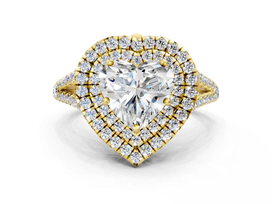 Yellow gold Heart Cut Diamond Double Halo Ring with Pavé Band and Prong Setting_81