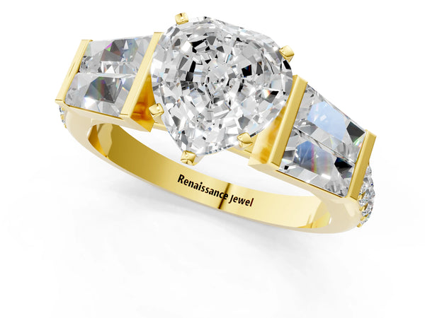 Yellow gold Heart Cut Diamond Engagement Ring with Baguette Side Stones and Channel Set Band