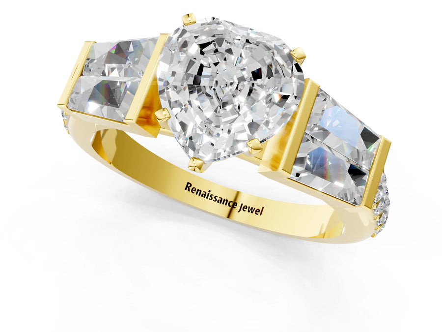 Yellow gold Heart Cut Diamond Engagement Ring with Baguette Side Stones and Channel Set Band
