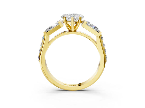 Yellow gold Heart Cut Diamond Engagement Ring with Baguette Side Stones and Channel Set Band