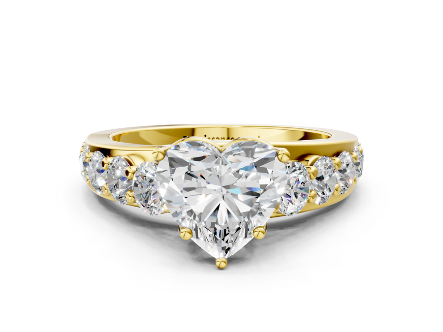 Yellow gold Heart Cut Diamond Engagement Ring with Pavé Band and Four-Prong Setting