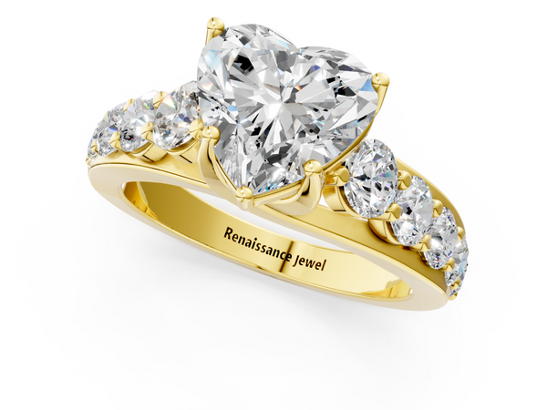 Yellow gold Heart Cut Diamond Engagement Ring with Pavé Band and Four-Prong Setting