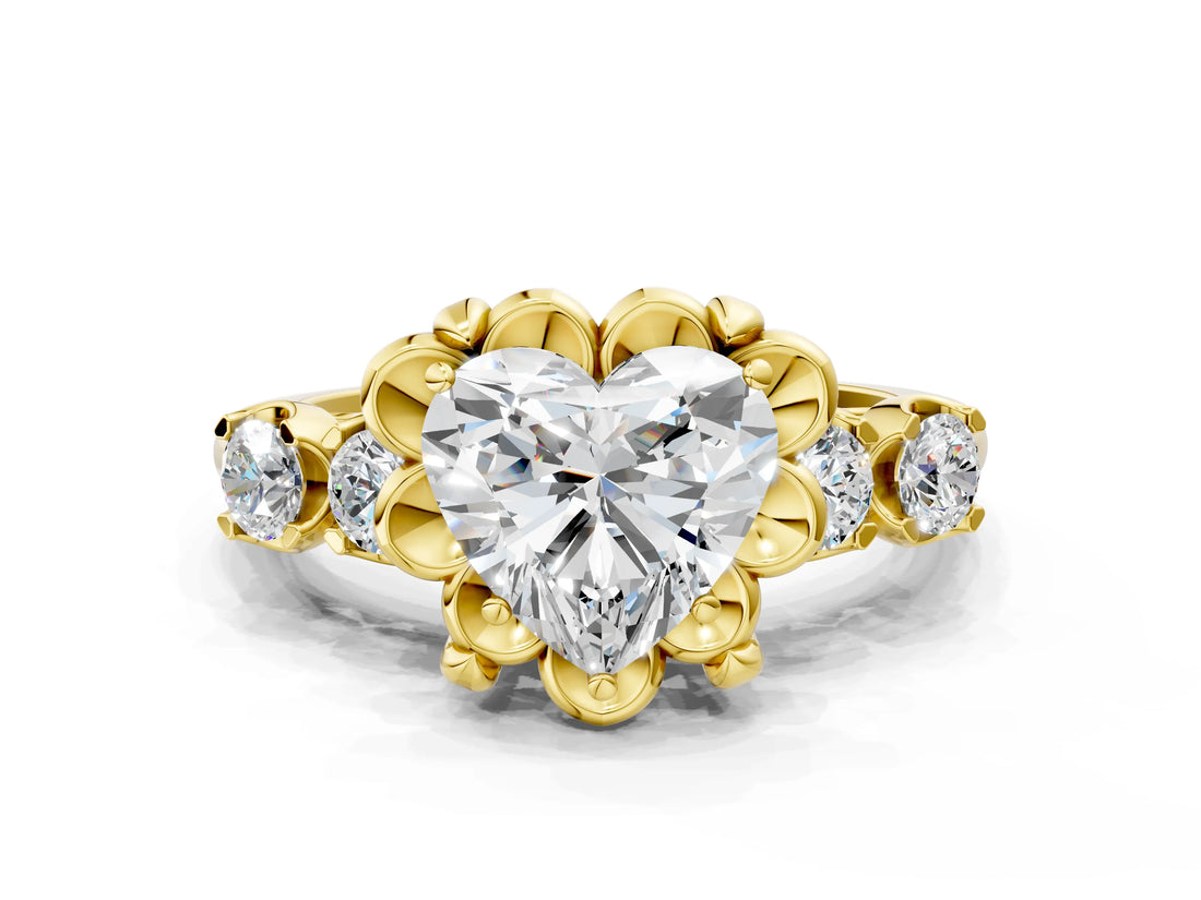 Yellow gold Heart Cut Diamond Floral Halo Engagement Ring with Shared Prong Setting