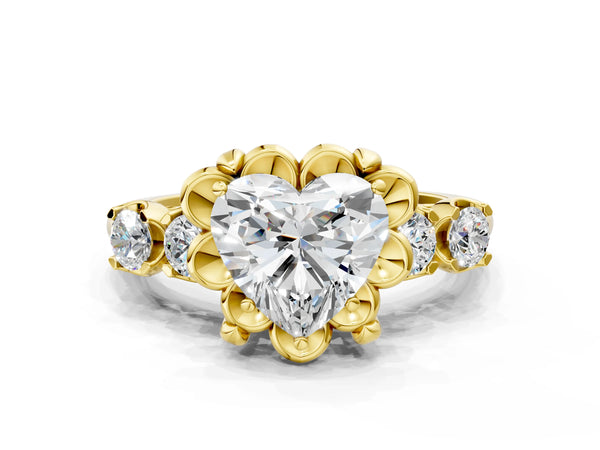 Yellow Gold Heart-Shaped Floral Engagement Ring Setting with Polished Petal Frame and Side Accents
