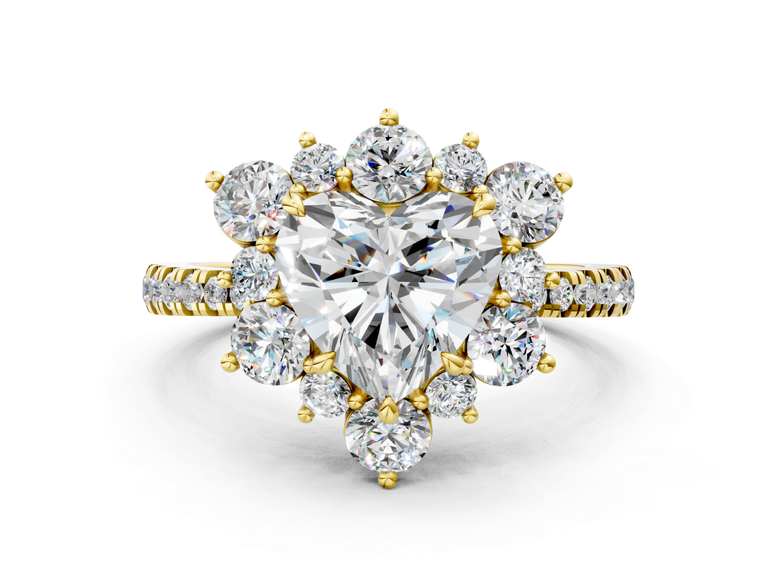 Yellow gold Heart Cut Diamond Floral Halo Pave Band with Prong Setting_37
