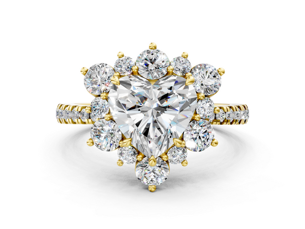 Yellow gold Heart Cut Diamond Floral Halo Pave Band with Prong Setting