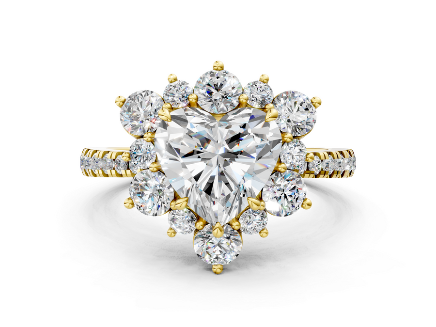 Yellow gold Heart Cut Diamond Floral Halo Pave Band with Prong Setting
