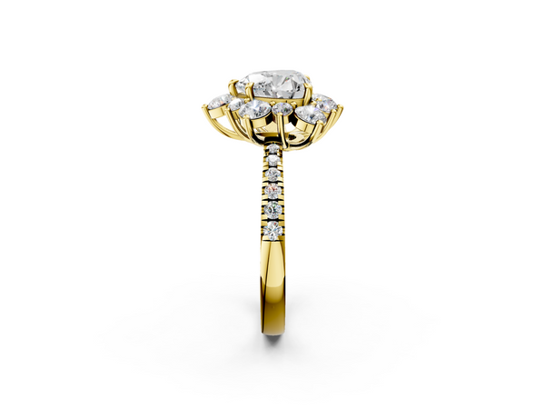 Yellow gold Heart Cut Diamond Floral Halo Pave Band with Prong Setting