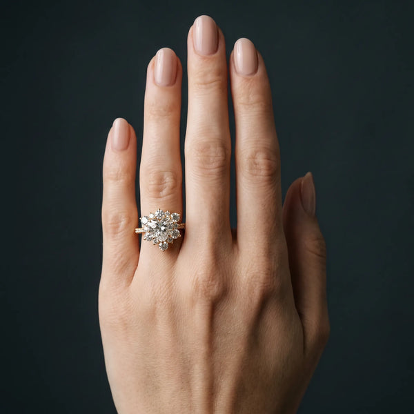 Yellow gold Heart Cut Diamond Floral Halo Pave Band with Prong Setting