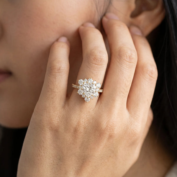 Yellow gold Heart Cut Diamond Floral Halo Pave Band with Prong Setting