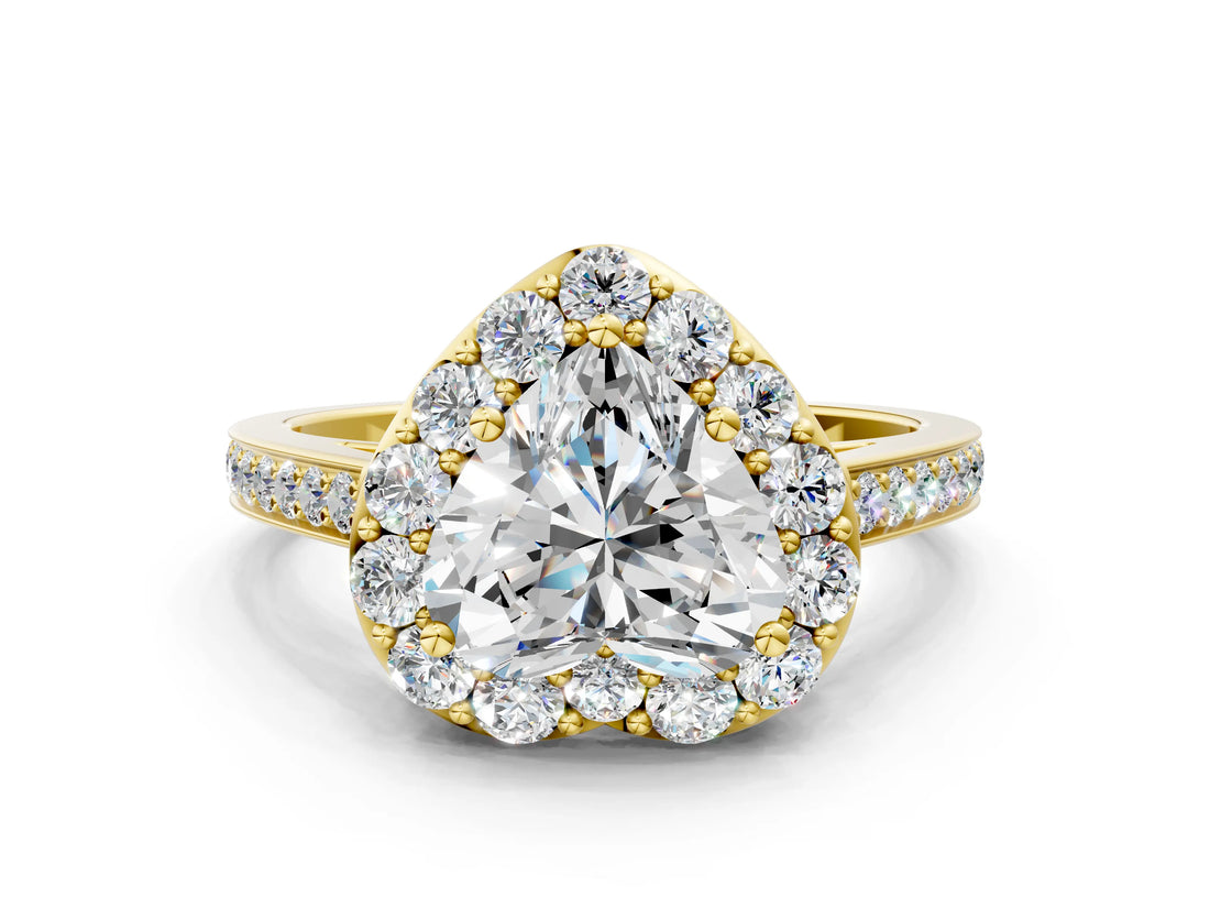 Yellow gold Heart Cut Diamond Floral Halo Ring with Pavé Band and Prong Setting_3