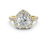 Yellow gold Heart Cut Diamond Floral Halo Ring with Pavé Band and Prong Setting_3
