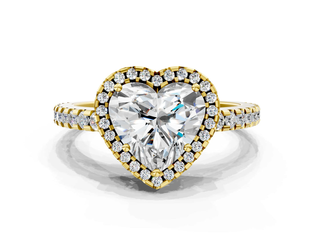 Yellow gold Heart Cut Diamond Halo Engagement Ring with Pavé Band and Prong Setting_27