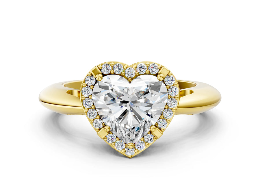 Yellow gold Heart Cut Diamond Halo Engagement Ring with Split Shank and Four-Prong Setting