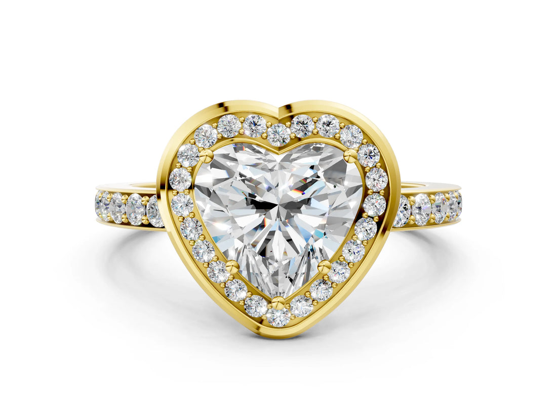 Yellow gold Heart Cut Diamond Halo Ring with Bezel Frame and Pavé Band_3