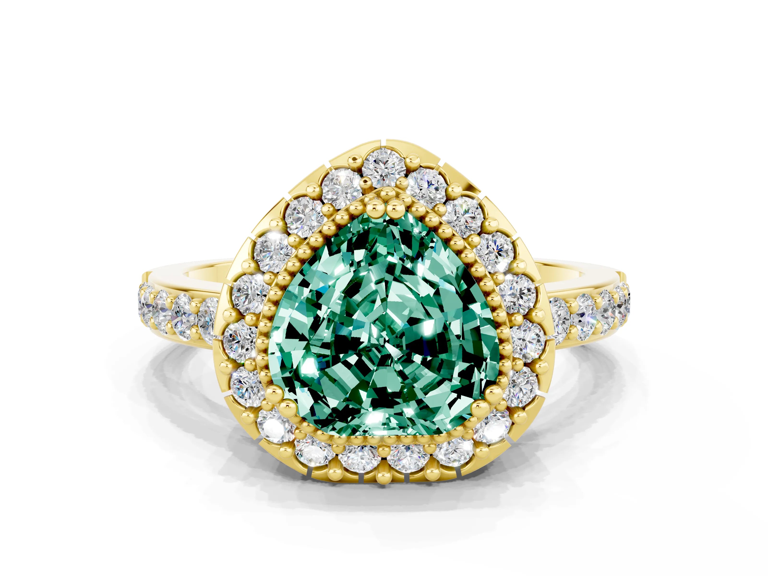 Yellow gold Heart Cut Diamond Halo Ring with Pavé Band and Prong Setting