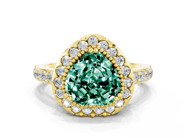 Yellow gold Heart Cut Green Sapphire Halo Ring with Pavé Band and Prong Setting