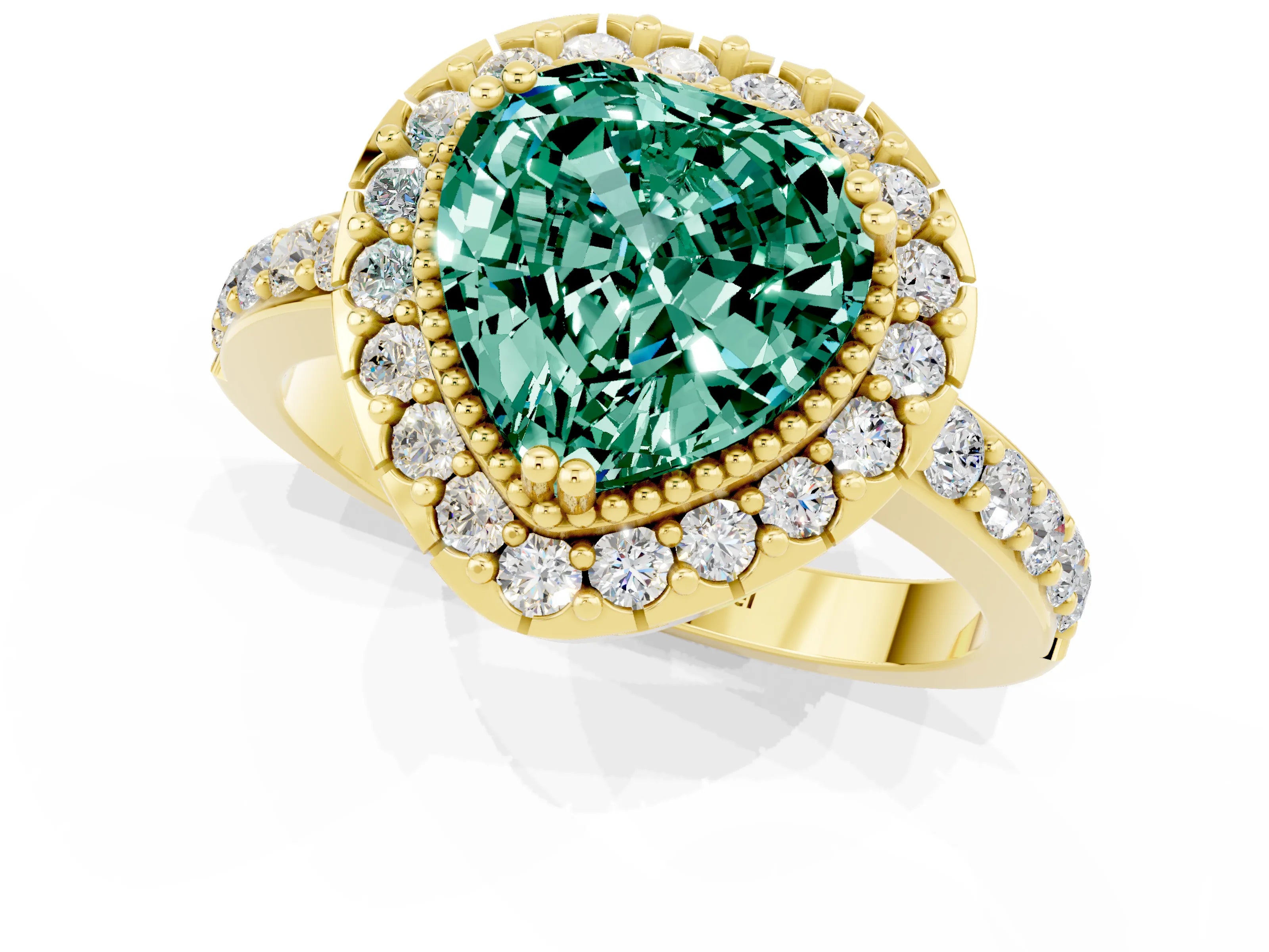Yellow gold Heart Cut Diamond Halo Ring with Pavé Band and Prong Setting_1