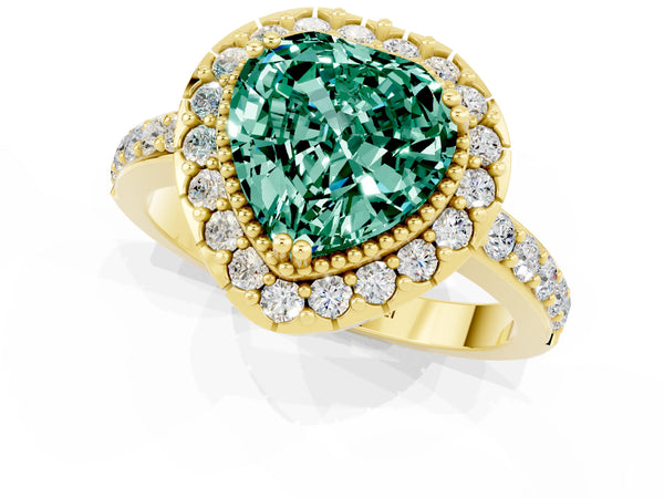 Yellow gold Heart Cut Green Sapphire Halo Ring with Pavé Band and Prong Setting